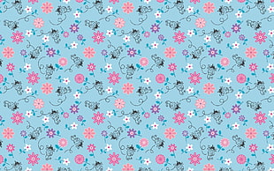 blue, pink, and white floral print surface